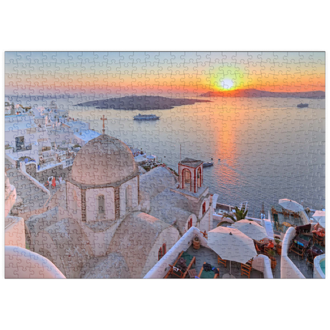 puzzleplate St. Johanniskirche über der Caldera im Sonnenuntergang, Fira, Insel Santorin, Kykladen, Griechenland 500 Puzzle