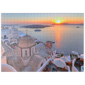 Darstellung des Puzzle Motivs St. Johanniskirche über der Caldera im Sonnenuntergang, Insel Santorin - Puzzleteile: 500