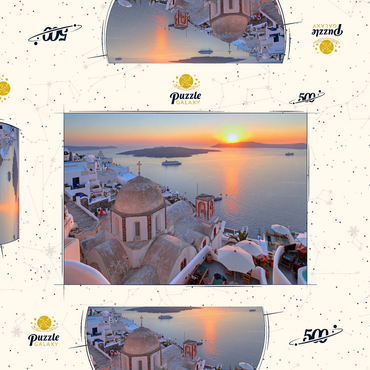 St. Johanniskirche über der Caldera im Sonnenuntergang, Fira, Insel Santorin, Kykladen, Griechenland 500 Puzzle Schachtel 3D Modell