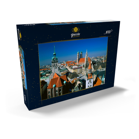 Blick auf den Marienplatz mit Altem Peter, Frauenkirche und Rathaus, München, Bayern, Deutschland 1000 Puzzle Schachtel Ansicht2