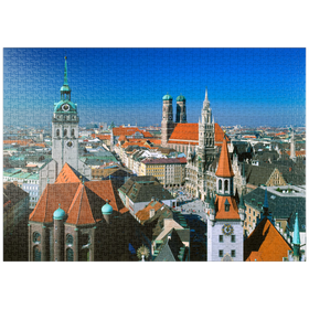 Darstellung des Puzzle-Motivs Blick auf den Marienplatz mit Altem Peter, Frauenkirche und Rathaus, München – Puzzleteile: 1000