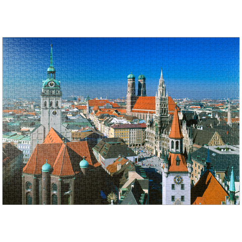 puzzleplate Blick auf den Marienplatz mit Altem Peter, Frauenkirche und Rathaus, München, Bayern, Deutschland 1000 Puzzle