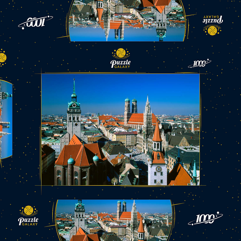 Blick auf den Marienplatz mit Altem Peter, Frauenkirche und Rathaus, München, Bayern, Deutschland 1000 Puzzle Schachtel 3D Modell