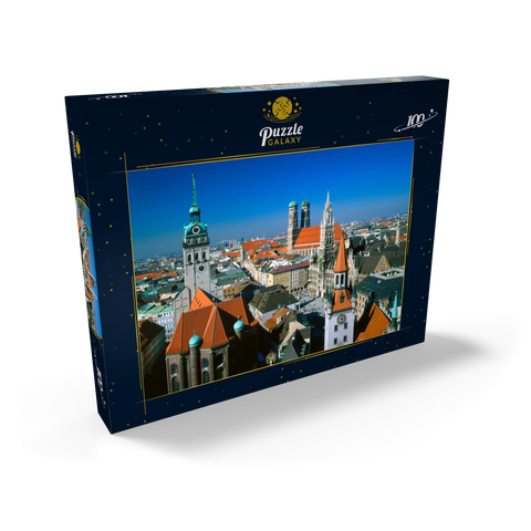 Blick auf den Marienplatz mit Altem Peter, Frauenkirche und Rathaus, München, Bayern, Deutschland 100 Puzzle Schachtel Ansicht2