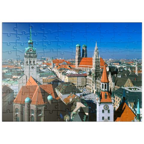 puzzleplate Blick auf den Marienplatz mit Altem Peter, Frauenkirche und Rathaus, München, Bayern, Deutschland 100 Puzzle