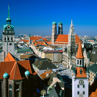 Blick auf den Marienplatz mit Altem Peter, Frauenkirche und Rathaus, München, Bayern, Deutschland 200 Puzzle 3D Modell