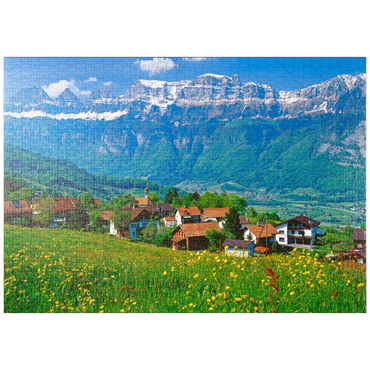 puzzleplate Kleinberg bei Flums gegen Churfirsten, Kanton St. Gallen, Schweiz 1000 Puzzle