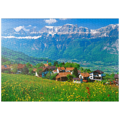 puzzleplate Kleinberg bei Flums gegen Churfirsten, Kanton St. Gallen, Schweiz 1000 Puzzle