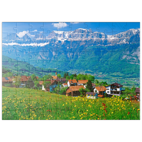 puzzleplate Kleinberg bei Flums gegen Churfirsten, Kanton St. Gallen, Schweiz 100 Puzzle