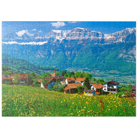 puzzleplate Kleinberg bei Flums gegen Churfirsten, Kanton St. Gallen, Schweiz 500 Puzzle