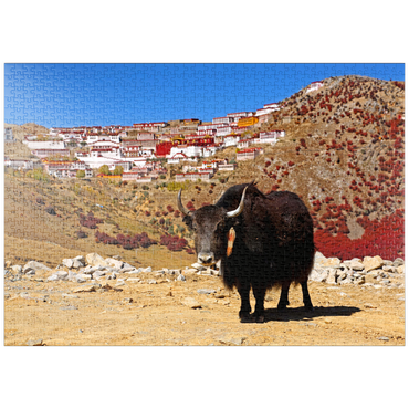 puzzleplate Yak mit Blick zum Ganden Kloster am Berg Drog Riboche bei Tagtse Dzong, Tibet, China 1000 Puzzle