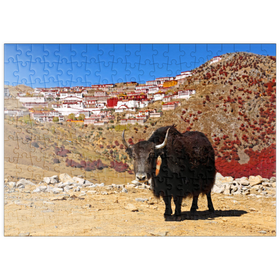 Darstellung des Puzzle-Motivs Yak mit Blick zum Ganden Kloster am Berg Drog, Tibet, China – Puzzleteile: 200