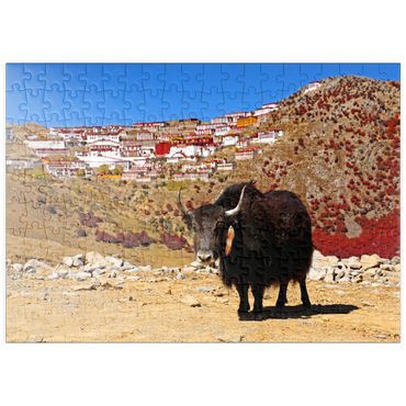puzzleplate Yak mit Blick zum Ganden Kloster am Berg Drog Riboche bei Tagtse Dzong, Tibet, China 200 Puzzle