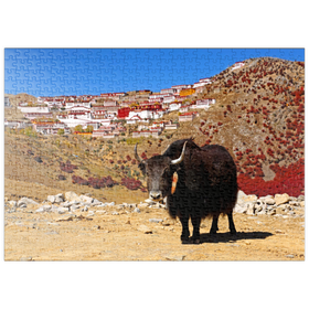 Darstellung des Puzzle-Motivs Yak mit Blick zum Ganden Kloster am Berg Drog, Tibet, China – Puzzleteile: 500