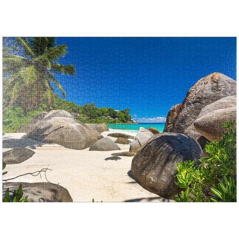 puzzleplate Granitfelsen am Carana Beach in der Carana Bay, Nordspitze der Insel Mahe, Seychellen 1000 Puzzle