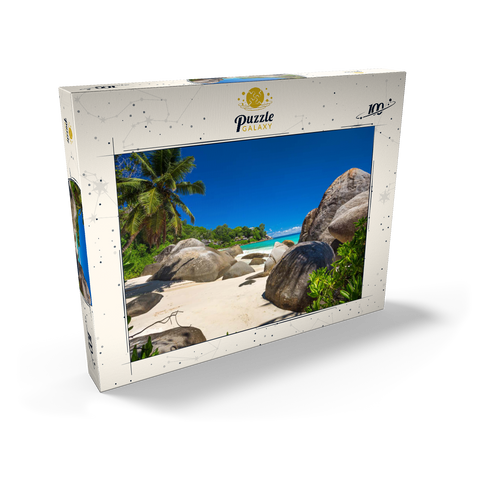 Granitfelsen am Carana Beach in der Carana Bay, Nordspitze der Insel Mahe, Seychellen 100 Puzzle Schachtel Ansicht2