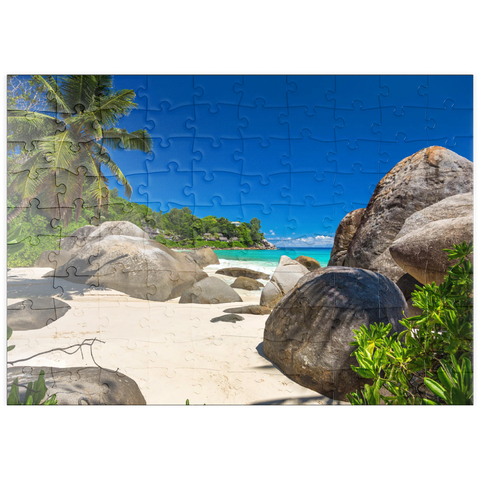 puzzleplate Granitfelsen am Carana Beach in der Carana Bay, Nordspitze der Insel Mahe, Seychellen 100 Puzzle