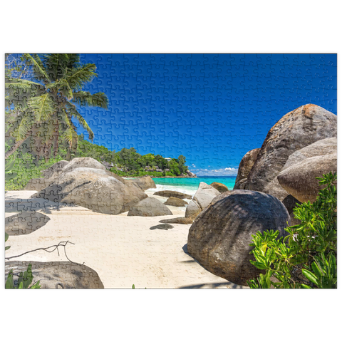 puzzleplate Granitfelsen am Carana Beach in der Carana Bay, Nordspitze der Insel Mahe, Seychellen 500 Puzzle