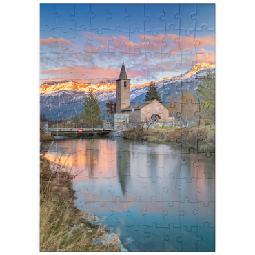 puzzleplate Kirche San Laurench in Sils Baselgia am Silsersee bei Sonnenuntergang 100 Puzzle
