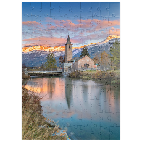 puzzleplate Kirche San Laurench in Sils Baselgia am Silsersee bei Sonnenuntergang 100 Puzzle