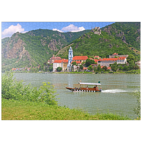 puzzleplate Personenfähre auf der Donau bei Rossatz-Arnsdorf mit Blick nach Dürnstein - Österreich 1000 Puzzle