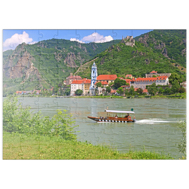 puzzleplate Personenfähre auf der Donau bei Rossatz-Arnsdorf mit Blick nach Dürnstein - Österreich 100 Puzzle