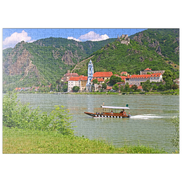 puzzleplate Personenfähre auf der Donau bei Rossatz-Arnsdorf mit Blick nach Dürnstein - Österreich 500 Puzzle