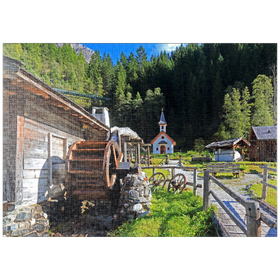 Darstellung des Puzzle-Motivs Wassermühle und Kapelle im Mühlendorf bei Gschnitz im Gschnitztal – Puzzleteile: 1000