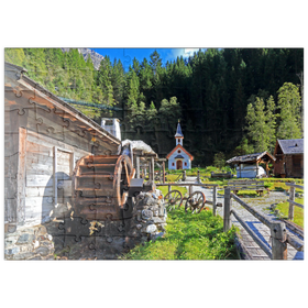 Darstellung des Puzzle Motivs Wassermühle und Kapelle im Mühlendorf bei Gschnitz im Gschnitztal - Puzzleteile: 100