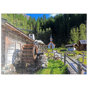 Darstellung des Puzzle-Motivs Wassermühle und Kapelle im Mühlendorf bei Gschnitz im Gschnitztal – Puzzleteile: 200