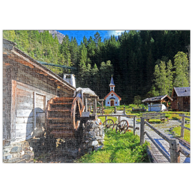 Darstellung des Puzzle-Motivs Wassermühle und Kapelle im Mühlendorf bei Gschnitz im Gschnitztal – Puzzleteile: 500