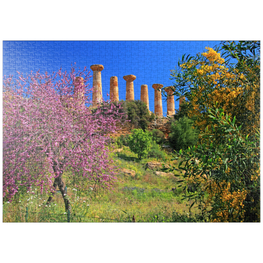 puzzleplate Blühende Bäume mit dem Heraklestempel im Tal der Tempel - Italien 1000 Puzzle