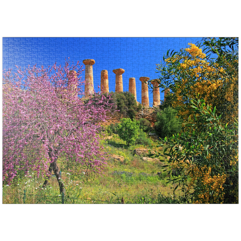 puzzleplate Blühende Bäume mit dem Heraklestempel im Tal der Tempel - Italien 1000 Puzzle