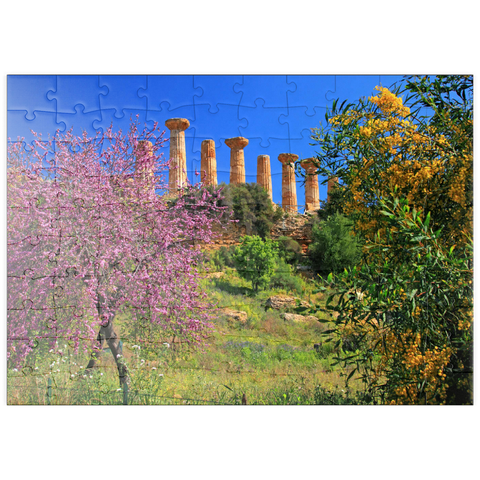 puzzleplate Blühende Bäume mit dem Heraklestempel im Tal der Tempel - Italien 100 Puzzle