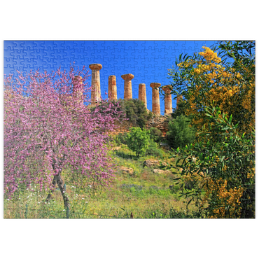 puzzleplate Blühende Bäume mit dem Heraklestempel im Tal der Tempel - Italien 500 Puzzle