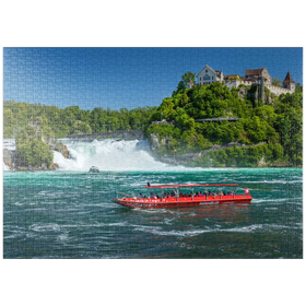 Darstellung des Puzzle-Motivs Rundfahrtschiffe am Rheinfall mit Blick zum Schloss Laufen – Puzzleteile: 1000