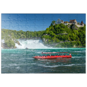 Darstellung des Puzzle Motivs Rundfahrtschiffe am Rheinfall mit Blick zum Schloss Laufen - Puzzleteile: 100