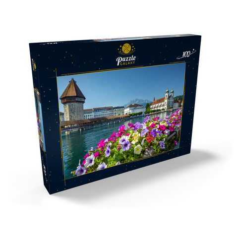 Kapellbrücke über die Reuss mit Wasserturm, Pilatus und Jesuitenkirche - Luzern, Schweiz 100 Puzzle Schachtel Ansicht2