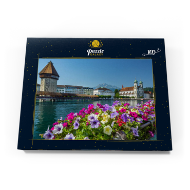 Kapellbrücke über die Reuss mit Wasserturm, Pilatus und Jesuitenkirche - Luzern, Schweiz 100 Puzzle Schachtel Ansicht3