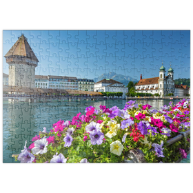 Darstellung des Puzzle Motivs Kapellbrücke über die Reuss mit Wasserturm, Luzern, Schweiz - Puzzleteile: 200