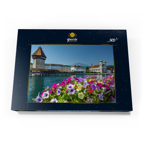 Kapellbrücke über die Reuss mit Wasserturm, Pilatus und Jesuitenkirche - Luzern, Schweiz 500 Puzzle Schachtel Ansicht3
