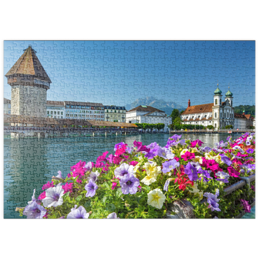 puzzleplate Kapellbrücke über die Reuss mit Wasserturm, Pilatus und Jesuitenkirche - Luzern, Schweiz 500 Puzzle