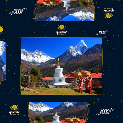 Mönche vor der Stupa in der buddhistischen Klosteranlage Tengpoche gegen Mount Everest (8848m), Nepal 1000 Puzzle Schachtel 3D Modell