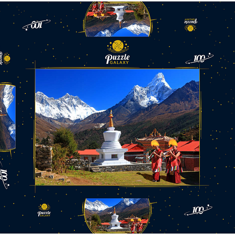 Mönche vor der Stupa in der buddhistischen Klosteranlage Tengpoche gegen Mount Everest (8848m), Nepal 100 Puzzle Schachtel 3D Modell
