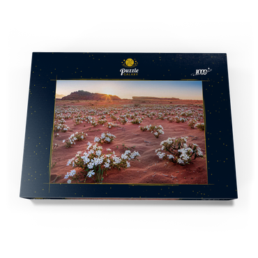 Die Wüste blüht, Blumen im Sand im Sonnenaufgang, Wadi Rum, Gouvernement Aqaba, Jordanien 1000 Puzzle Schachtel Ansicht3