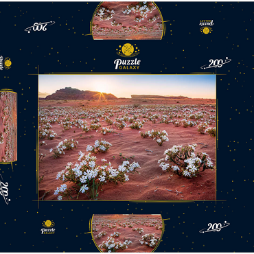 Die Wüste blüht, Blumen im Sand im Sonnenaufgang, Wadi Rum, Gouvernement Aqaba, Jordanien 200 Puzzle Schachtel 3D Modell