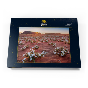 Die Wüste blüht, Blumen im Sand im Sonnenaufgang, Wadi Rum, Gouvernement Aqaba, Jordanien 500 Puzzle Schachtel Ansicht3