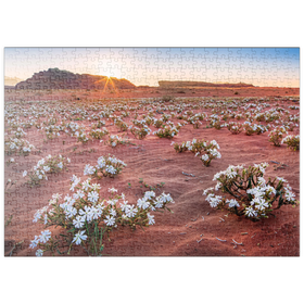 Darstellung des Puzzle Motivs Die Wüste blüht, Blumen im Sand im Sonnenaufgang, Wadi Rum - Puzzleteile: 500