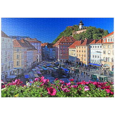 puzzleplate Hauptplatz mit Blick zum Schlossberg und dem Uhrturm - Österreich 1000 Puzzle