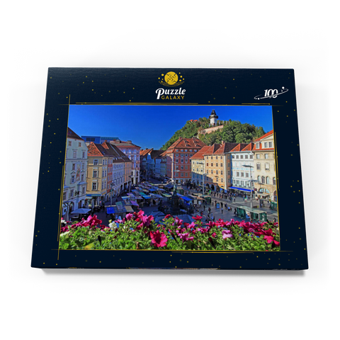 Hauptplatz mit Blick zum Schlossberg und dem Uhrturm - Österreich 100 Puzzle Schachtel Ansicht3